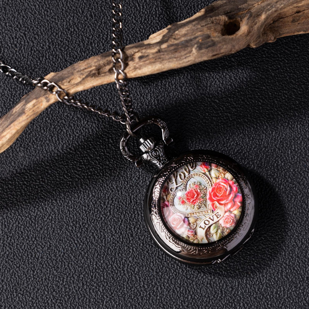 Oryeia Vintage Rose Love Pocket Watch Necklace Black Gunmetal