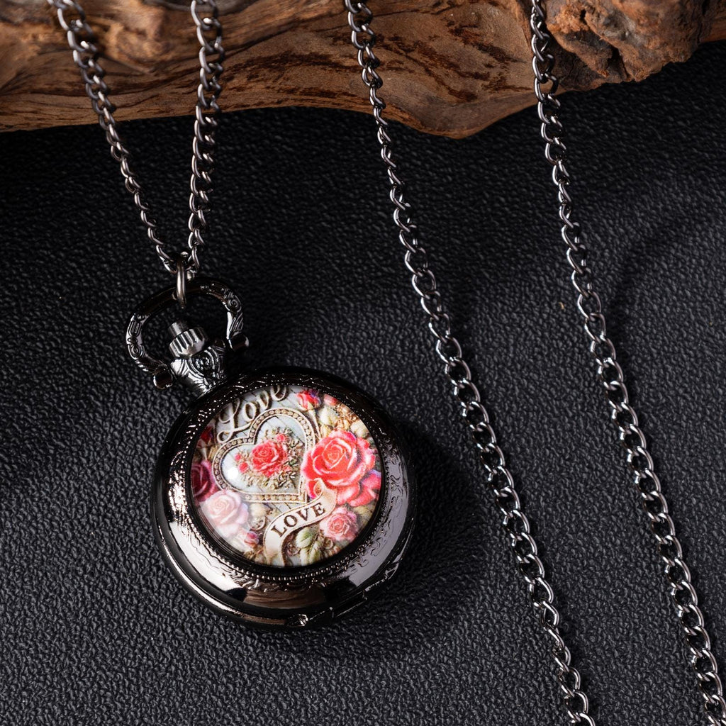 Oryeia Vintage Rose Love Pocket Watch Necklace Black Gunmetal
