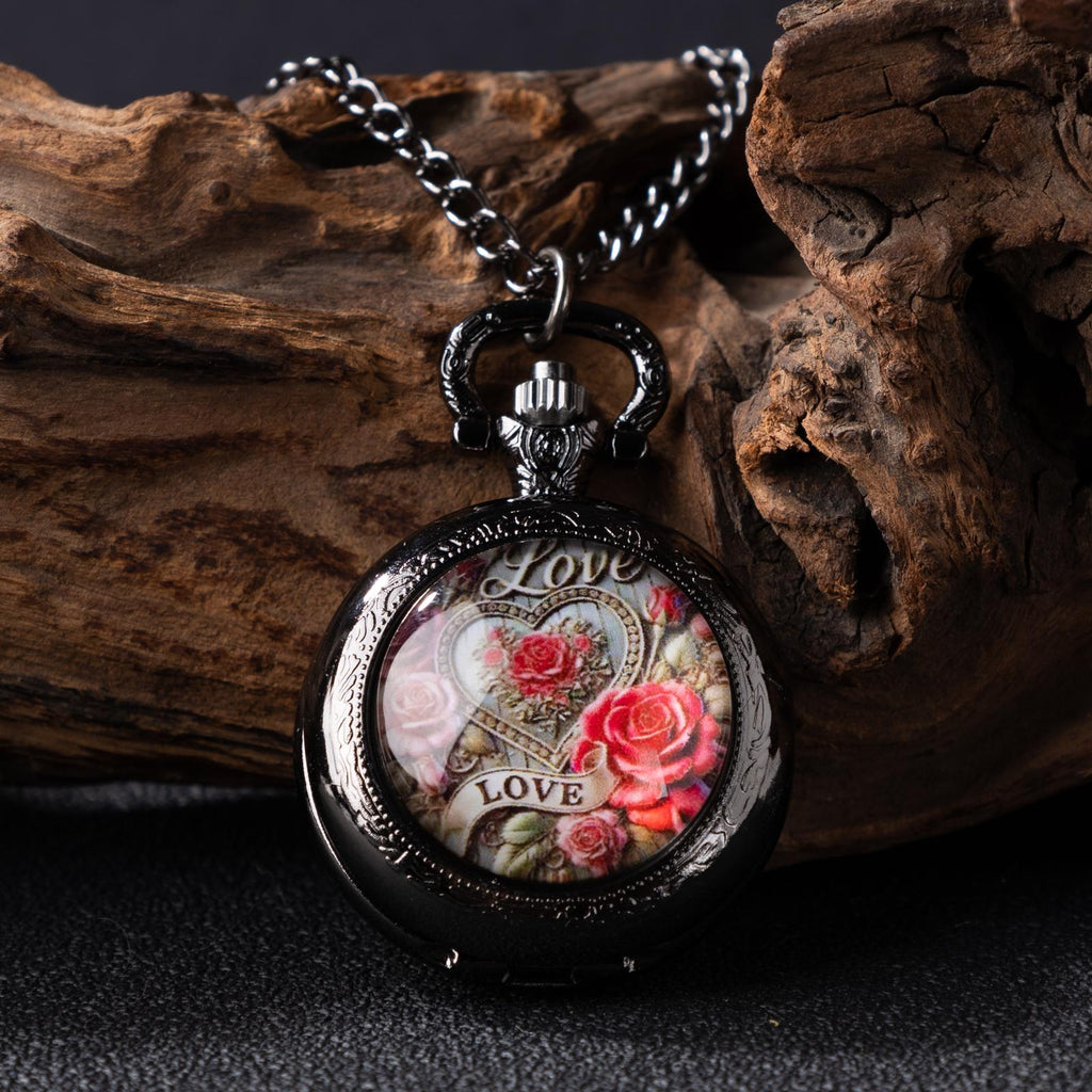 Oryeia Vintage Rose Love Pocket Watch Necklace Black Gunmetal