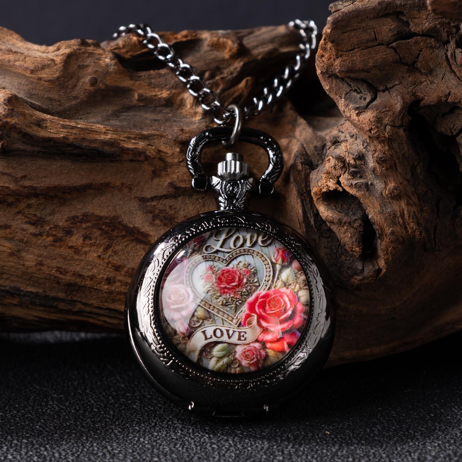 Oryeia Vintage Rose Love Pocket Watch Necklace Black Gunmetal