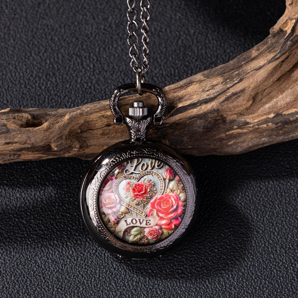 Oryeia Vintage Rose Love Pocket Watch Necklace Black Gunmetal