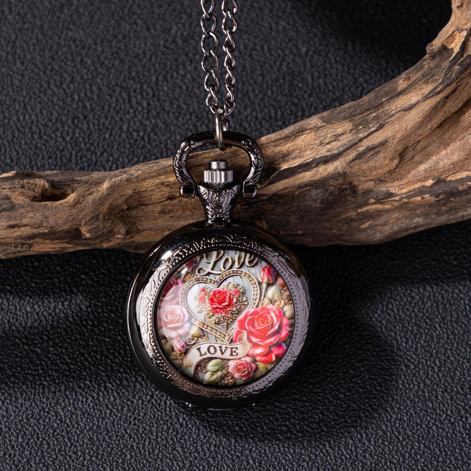 Oryeia Vintage Rose Love Pocket Watch Necklace Black Gunmetal