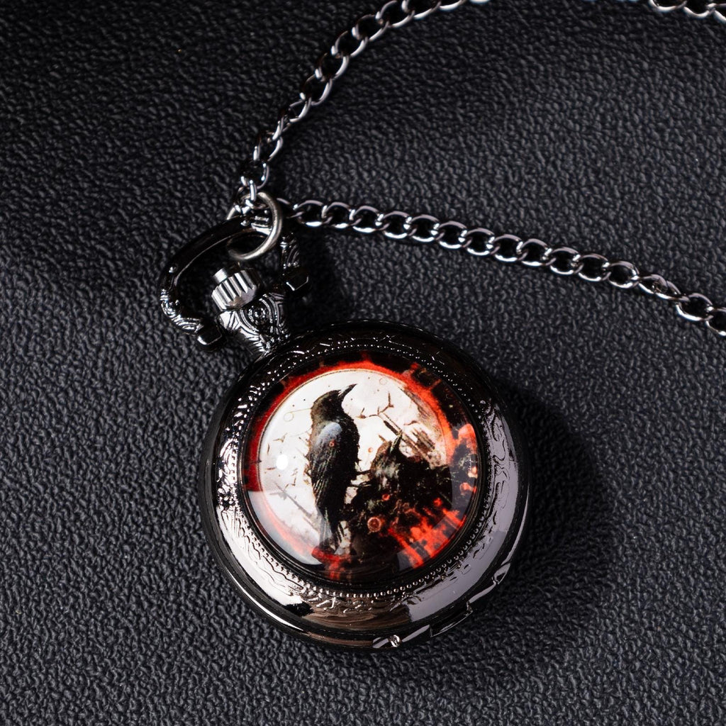 Oryeia Vintage Raven Gothic Pocket Watch Necklace Black Gunmetal