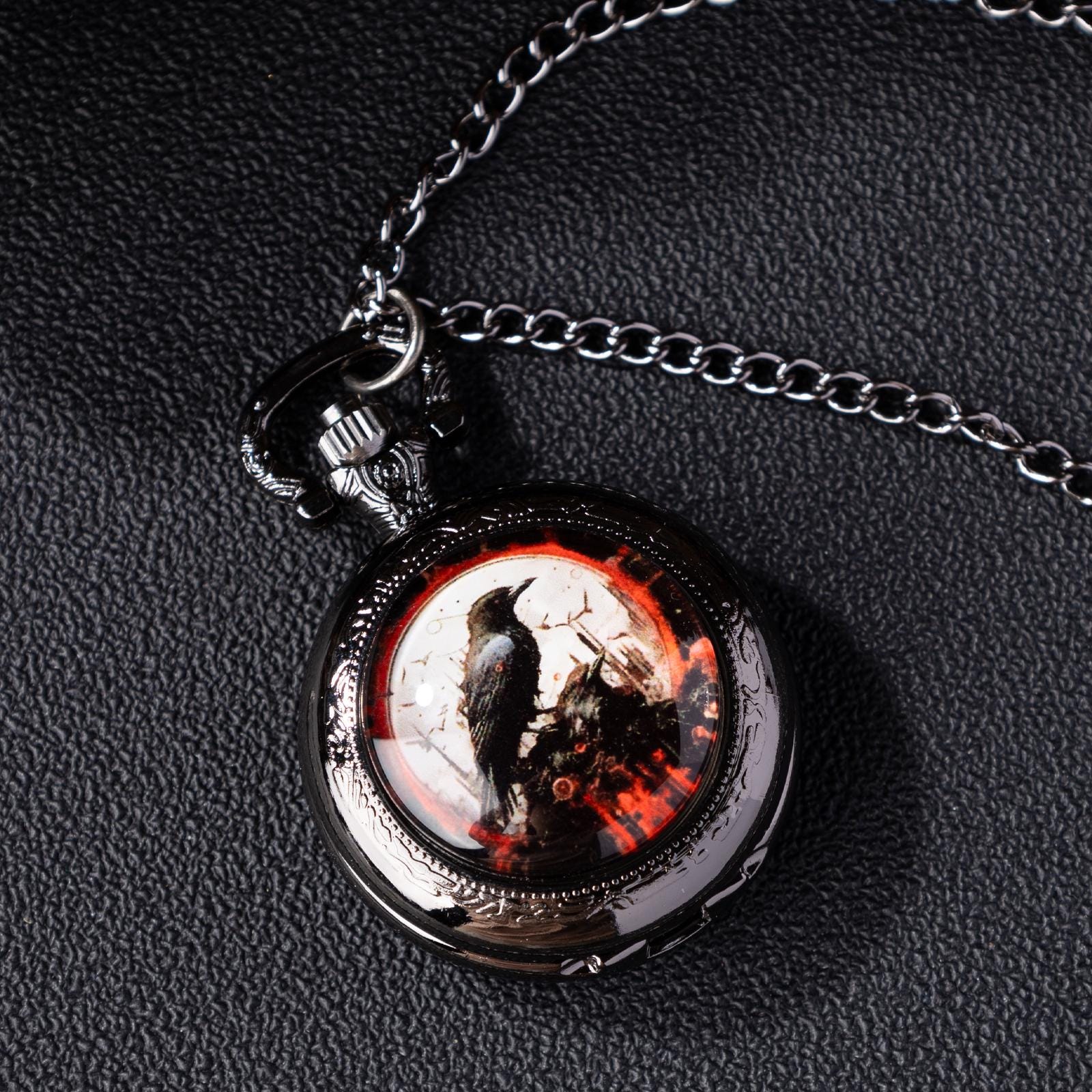 Oryeia Vintage Raven Gothic Pocket Watch Necklace Black Gunmetal