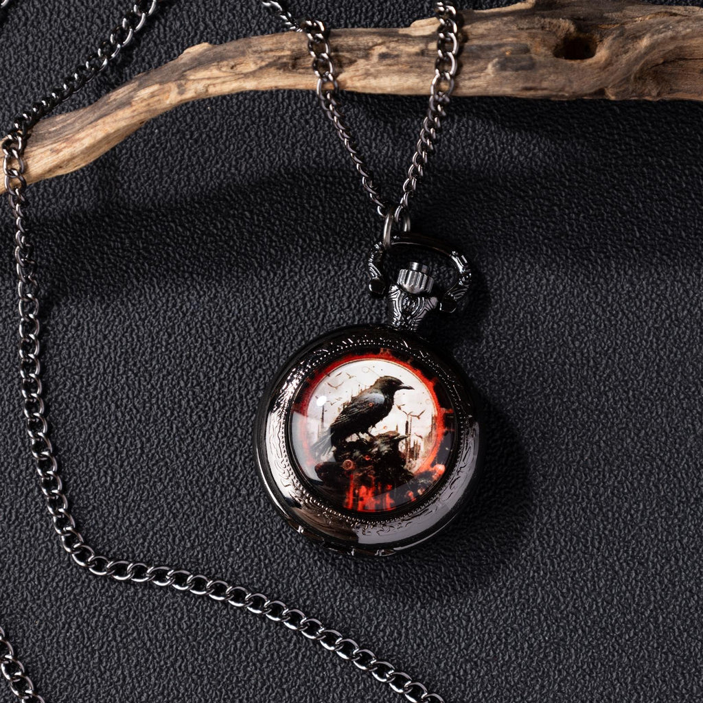 Oryeia Vintage Raven Gothic Pocket Watch Necklace Black Gunmetal