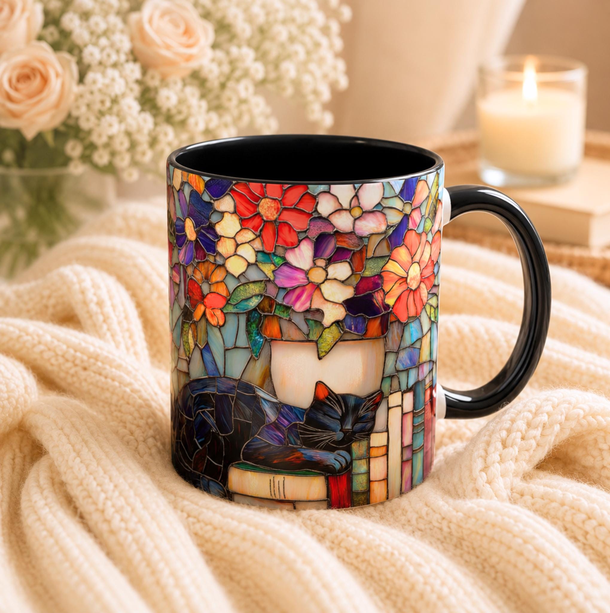 LELORESTORE Stained Glass Style Cat Mug Black Cat Floral Bookshelf Coffee Mug