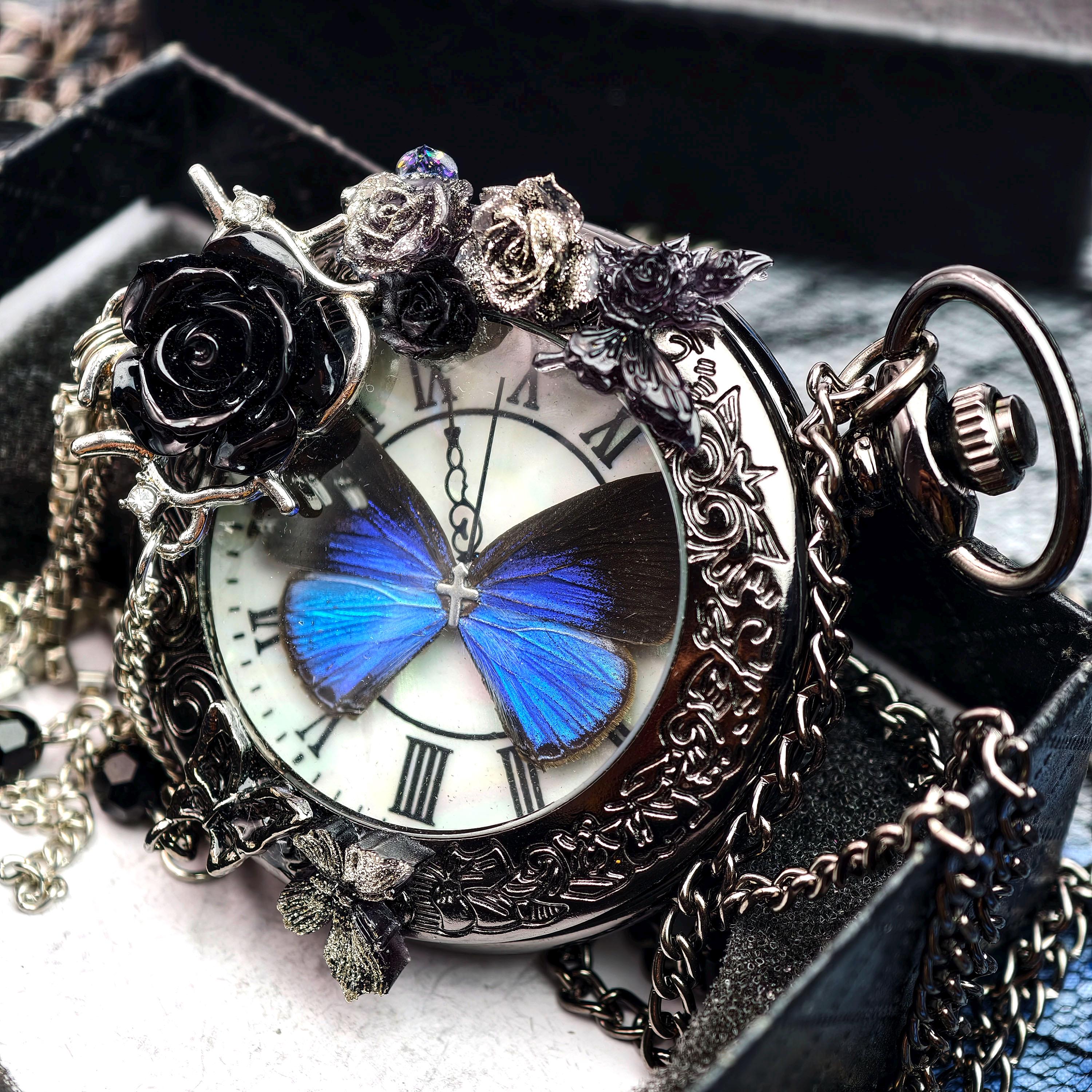 Oryeia Handmade Gothic Pocket Watch Real Blue Morpho Butterfly Jewelry Black Rose Pendant