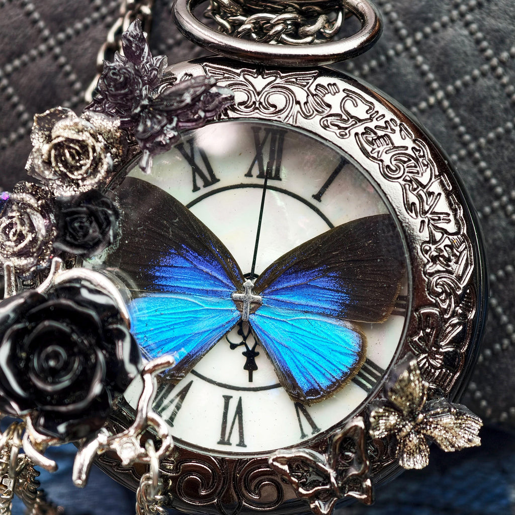 Oryeia Handmade Gothic Pocket Watch Real Blue Morpho Butterfly Jewelry Black Rose Pendant