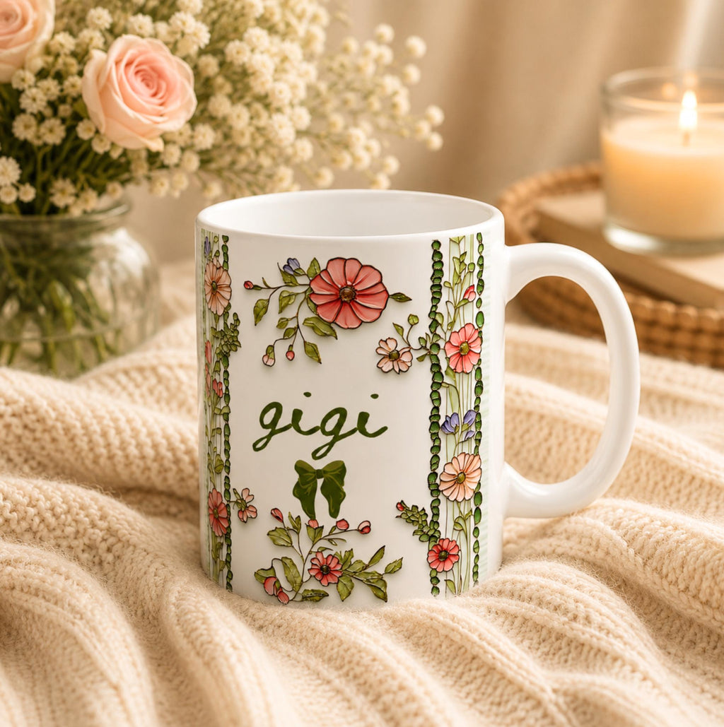 LELORESTORE Personalized Gigi Floral Botanical Ceramic Coffee Mug