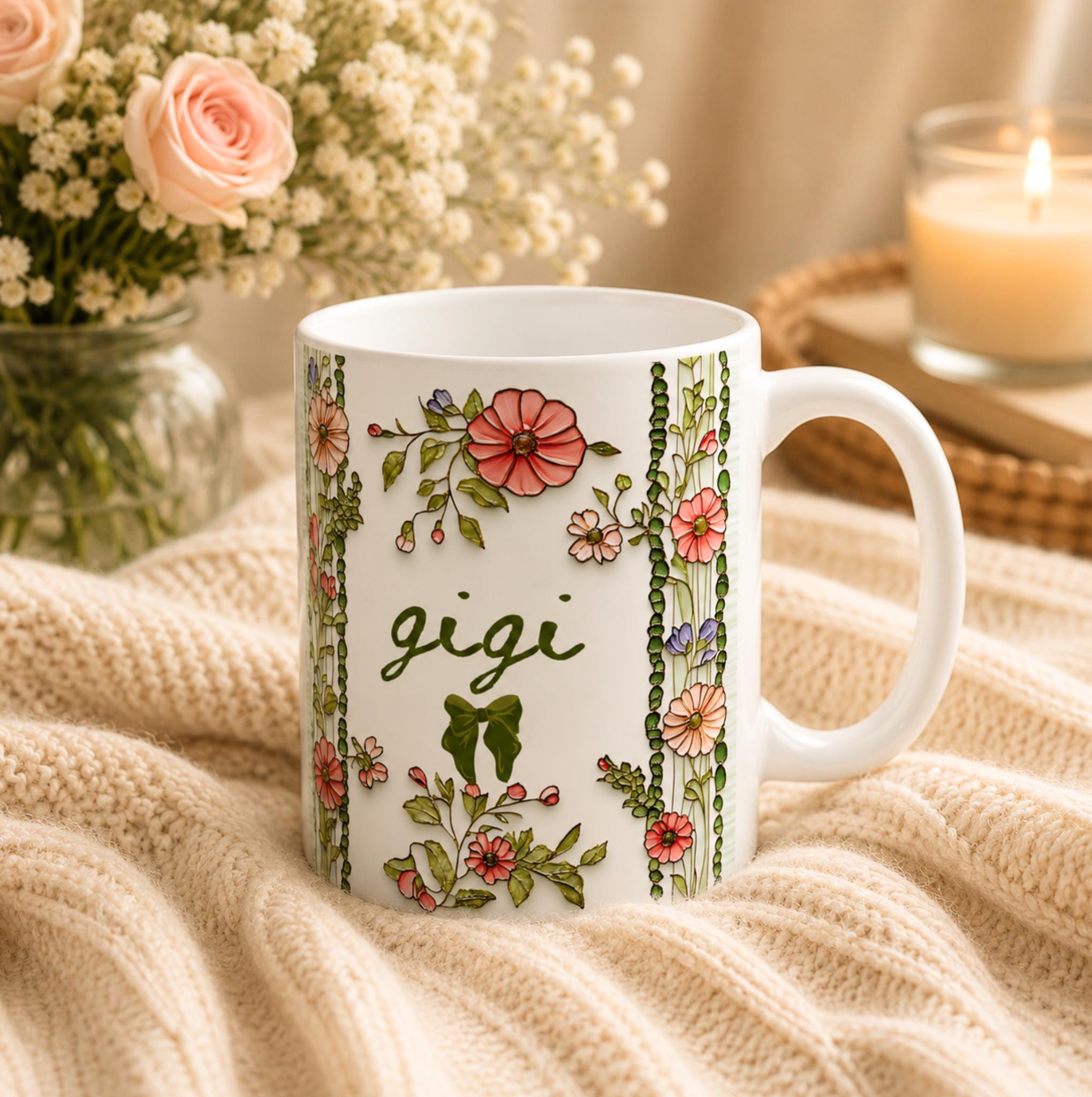 LELORESTORE Personalized Gigi Floral Botanical Ceramic Coffee Mug