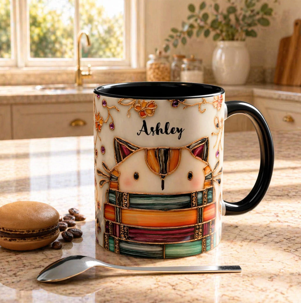 LELORESTORE Stained Glass Look Cat Mug Personalized Ceramic Coffee Cup Bookish