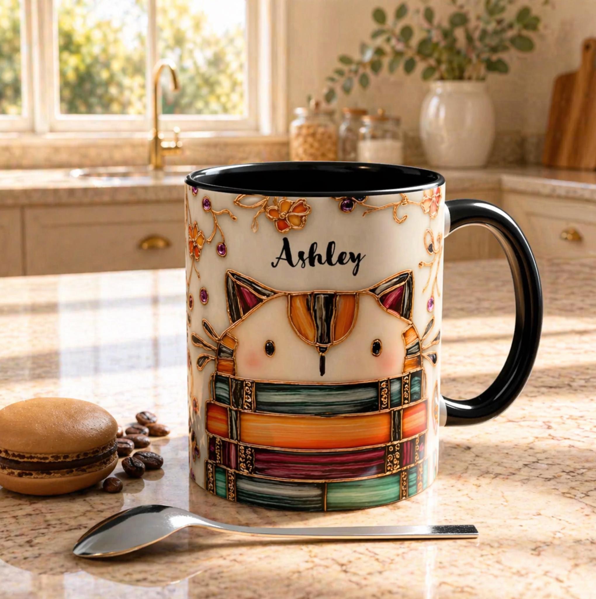 LELORESTORE Stained Glass Look Cat Mug Personalized Ceramic Coffee Cup Bookish