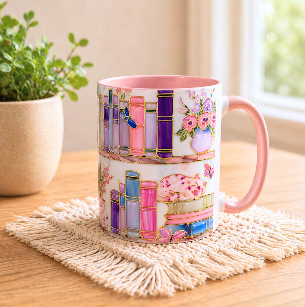Floral Bookshelf Cat Mug, Stained Glass Effect Coffee Cup, Book Lover Gift