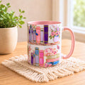 Floral Bookshelf Cat Mug, Stained Glass Effect Coffee Cup, Book Lover Gift