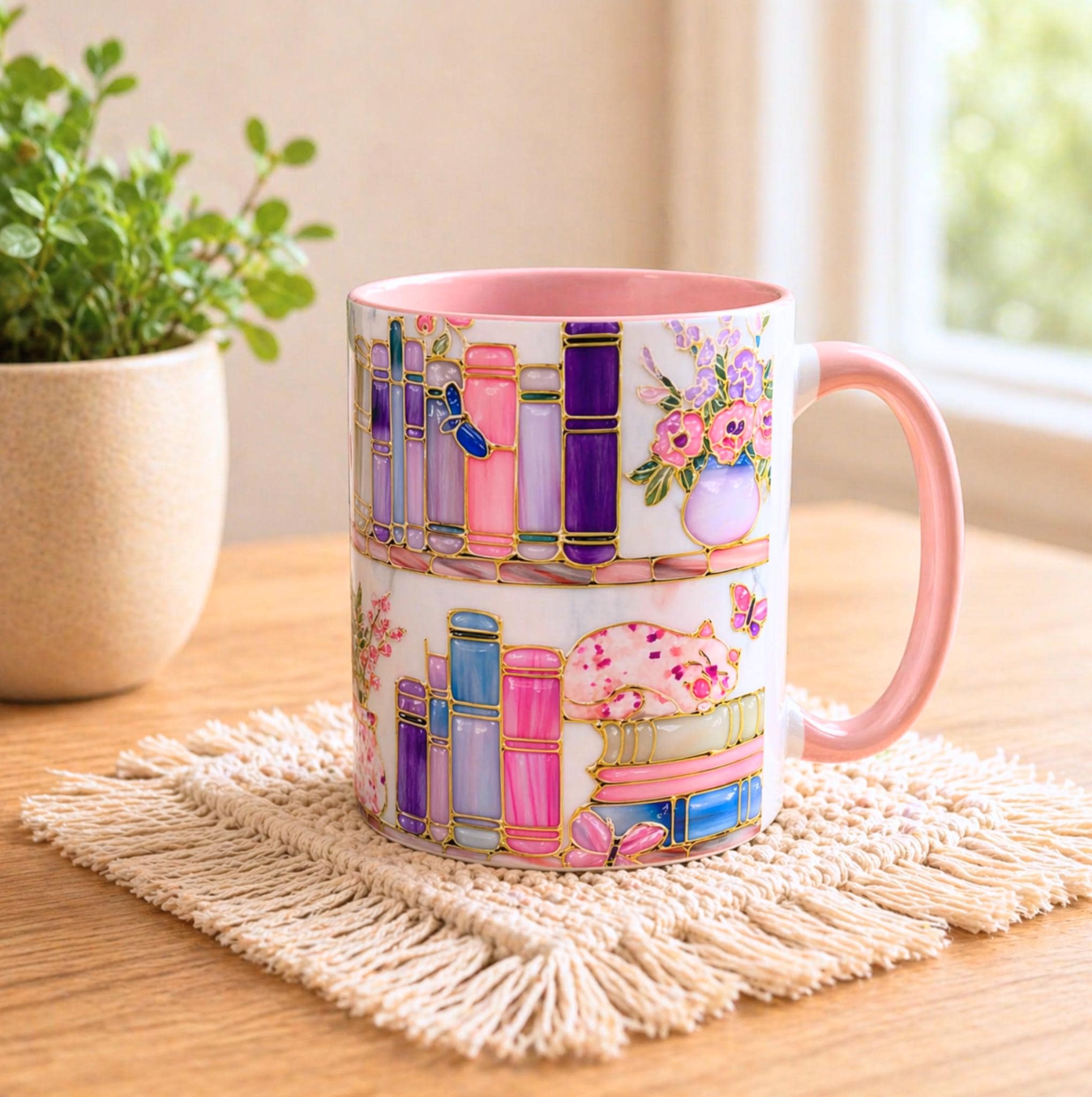 Floral Bookshelf Cat Mug, Stained Glass Effect Coffee Cup, Book Lover Gift