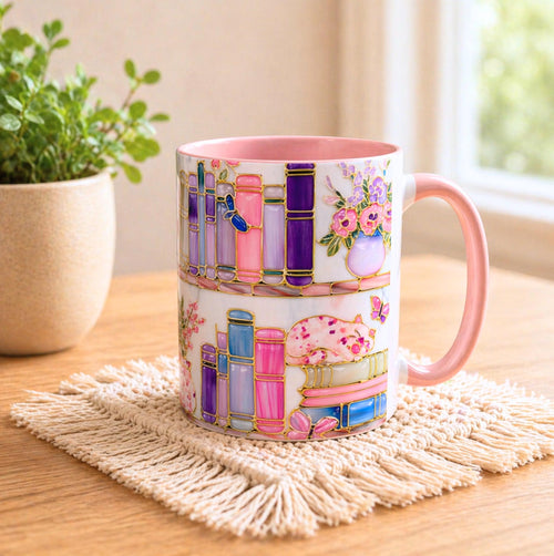Floral Bookshelf Cat Mug, Stained Glass Effect Coffee Cup, Book Lover Gift