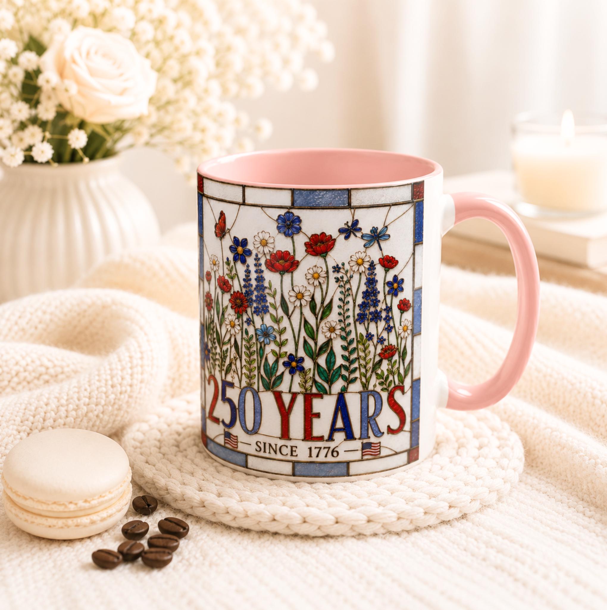 LELORESTORE America 250 Faux Stained Glass Patriotic Floral Mug