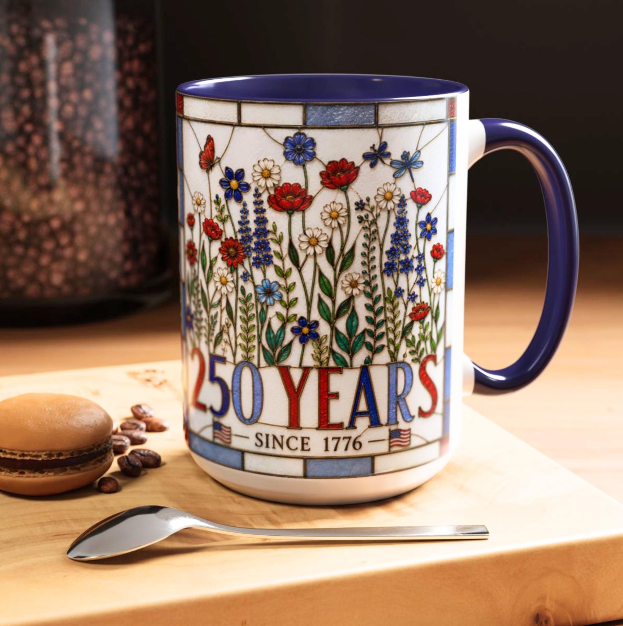 LELORESTORE America 250 Faux Stained Glass Patriotic Floral Mug
