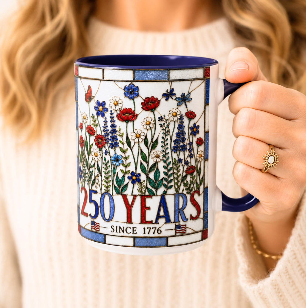 LELORESTORE America 250 Faux Stained Glass Patriotic Floral Mug