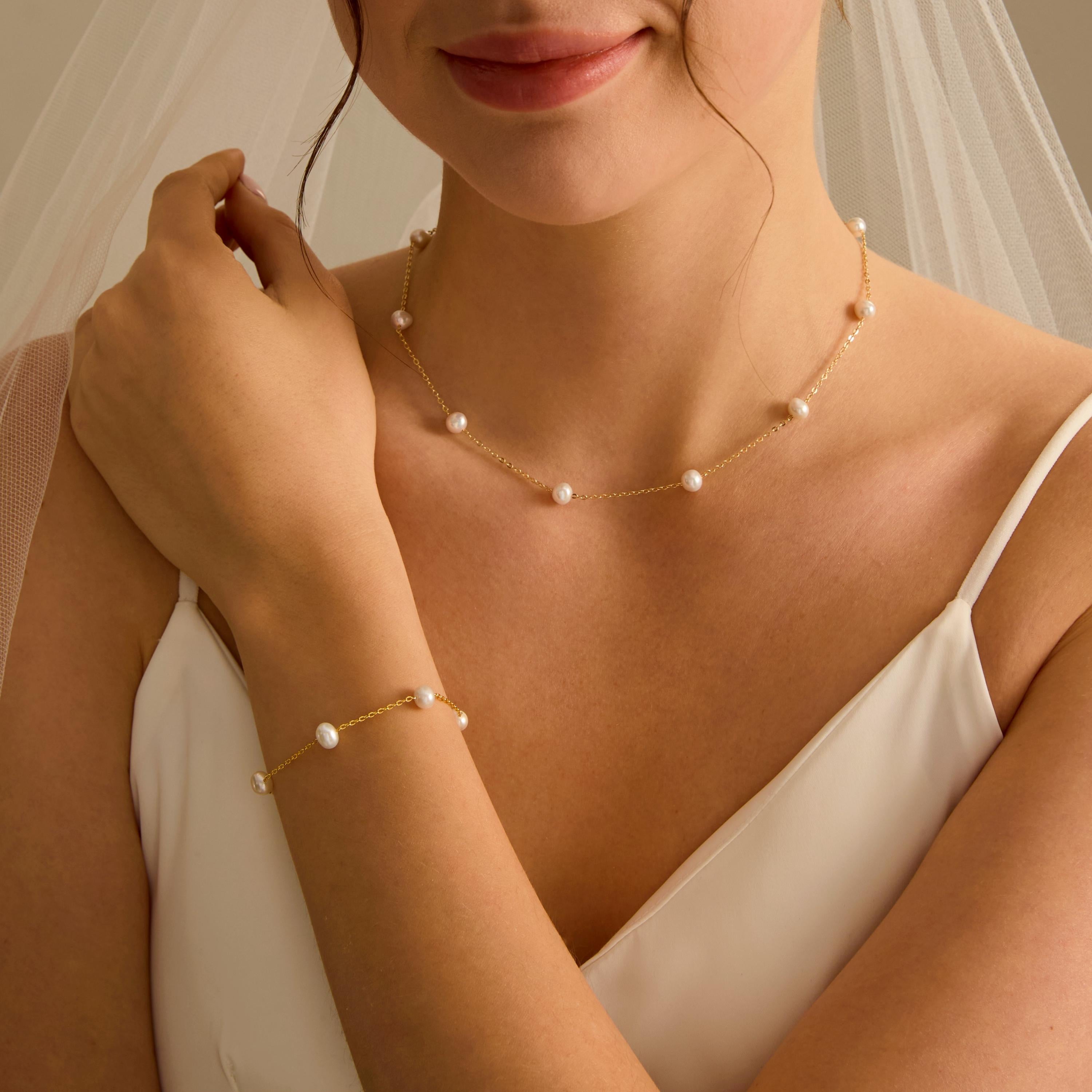 EcloraTreasures Round Freshwater Pearl Necklace Bracelet Jewelry Set Gold