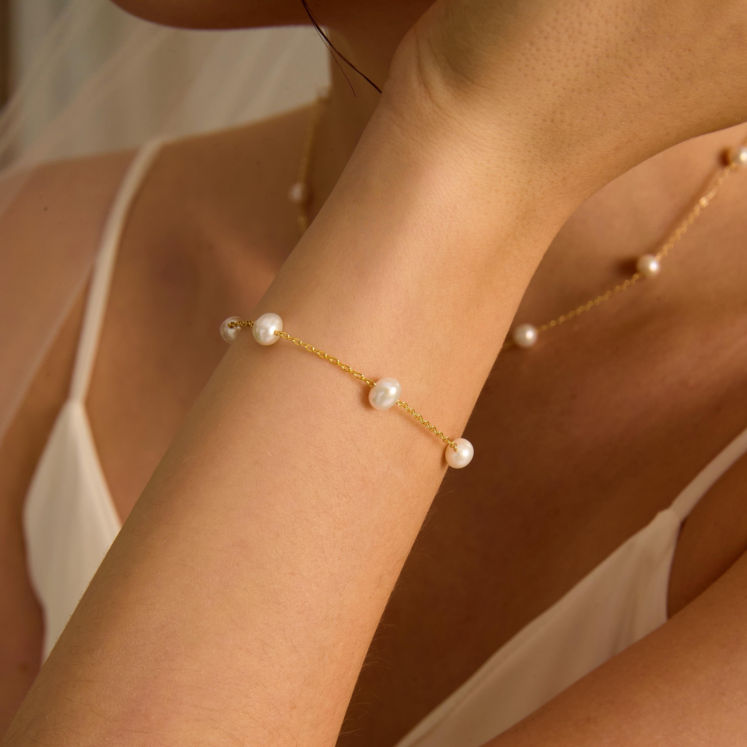 EcloraTreasures Round Freshwater Pearl Necklace Bracelet Jewelry Set Gold