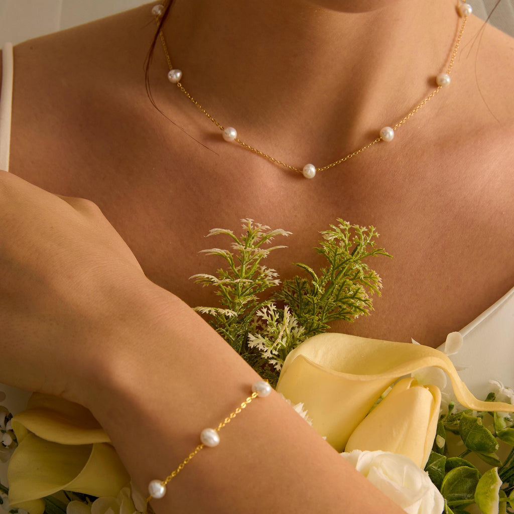 EcloraTreasures Round Freshwater Pearl Necklace Bracelet Jewelry Set Gold