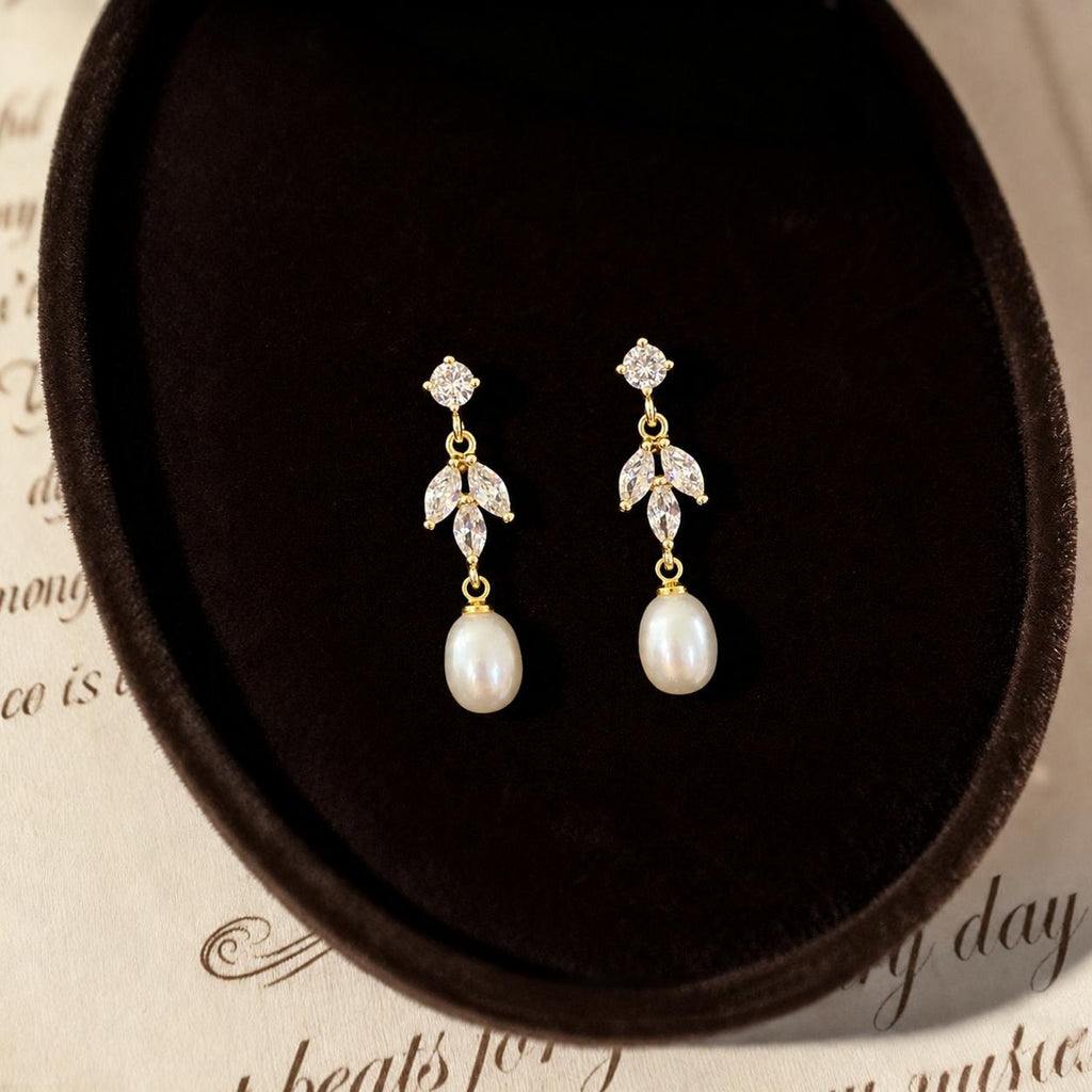 Natural Freshwater Pearl CZ Leaf Drop Earrings