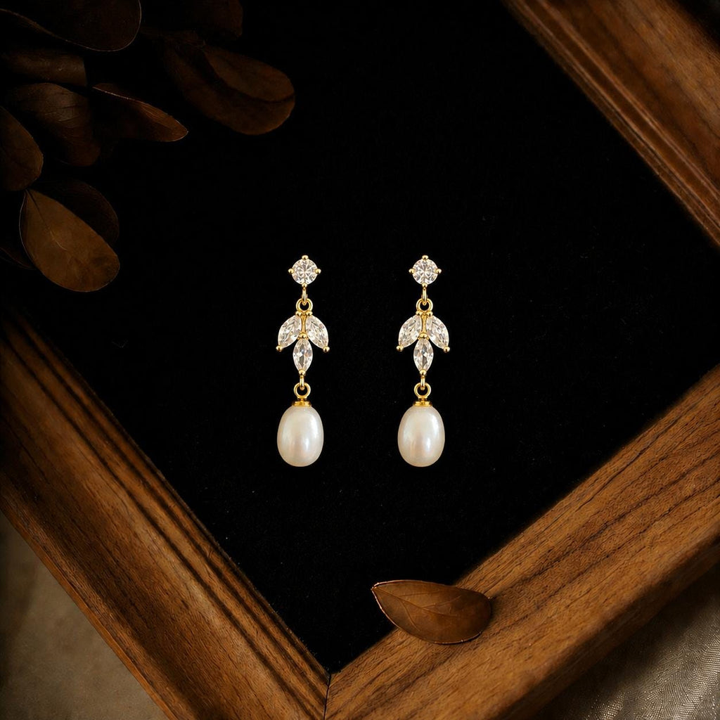 Natural Freshwater Pearl CZ Leaf Drop Earrings