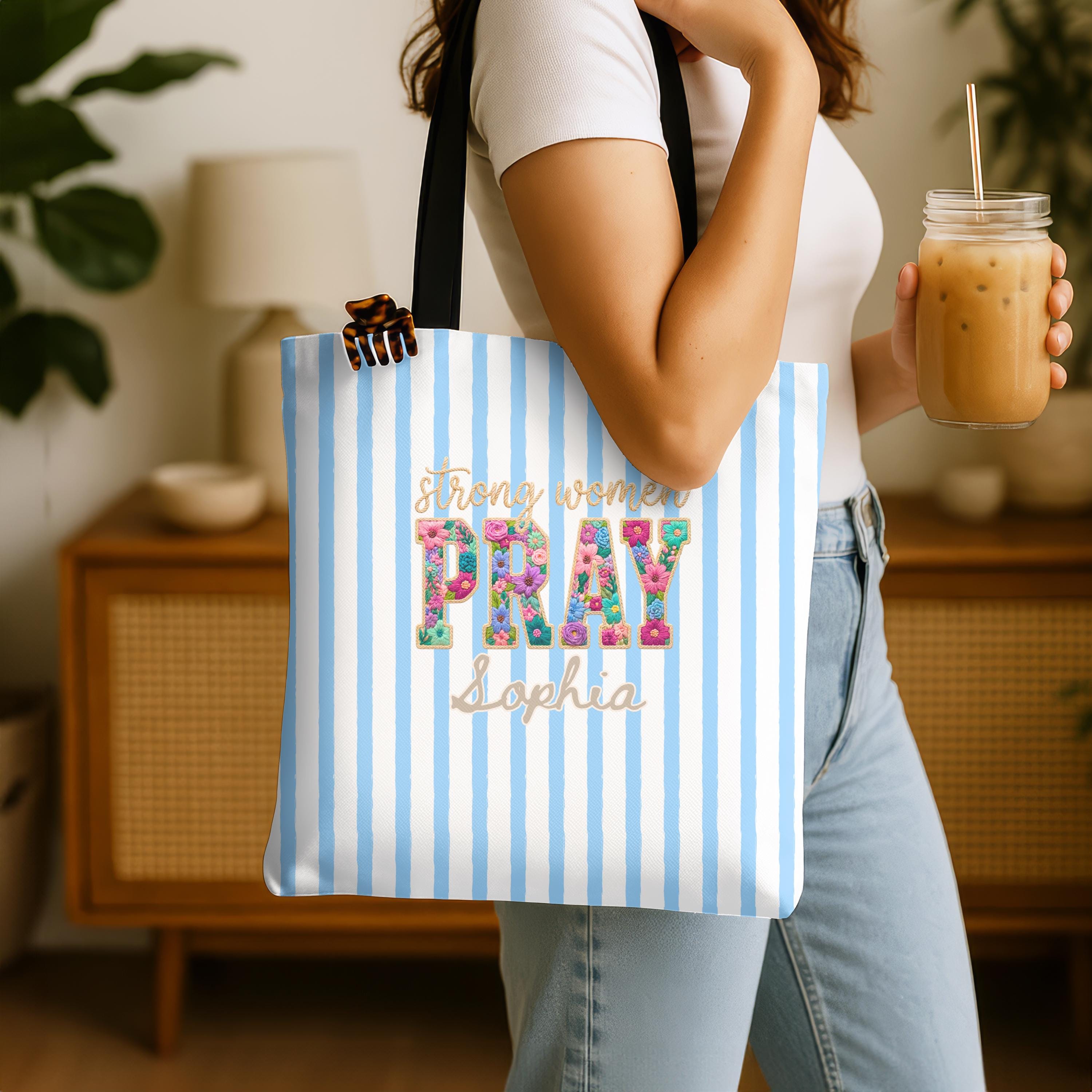 Personalized Christian Tote Bag Strong Women Pray, Floral Faith Gift for Women, Custom Name