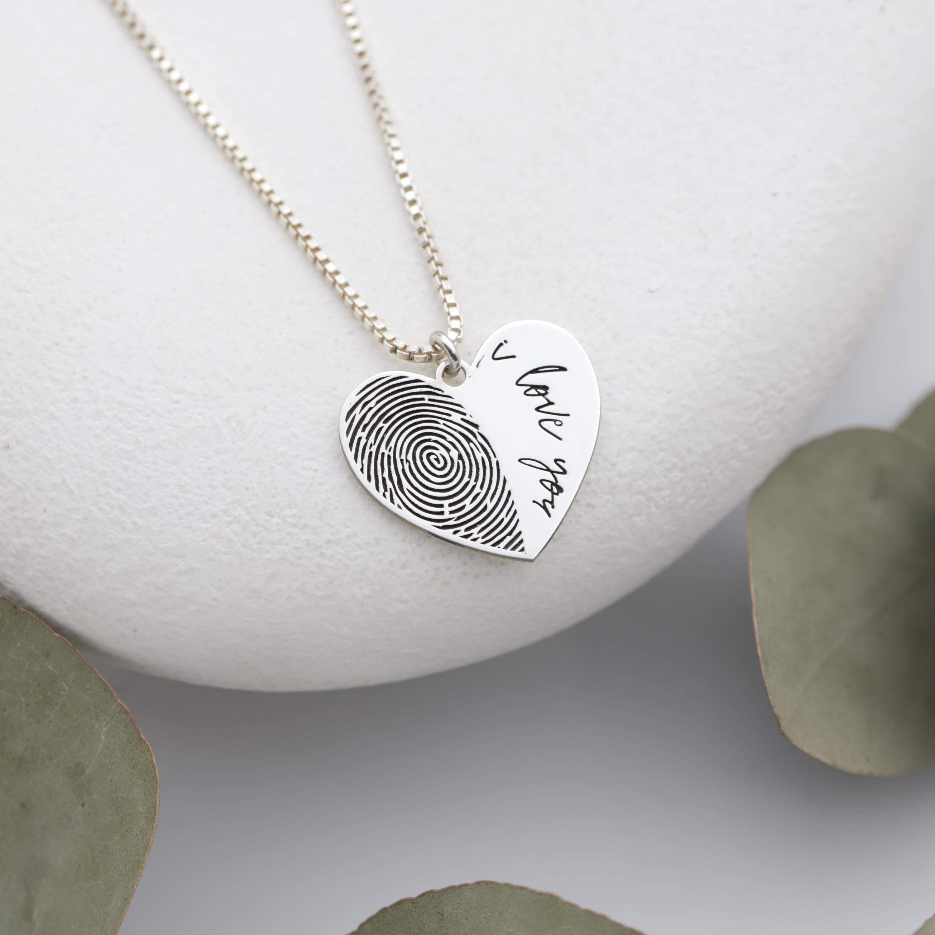 Personalized Fingerprint Necklace: Heart Shape Sterling Silver Custom Pendant