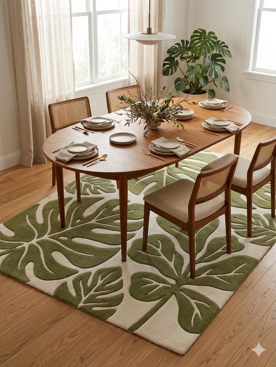 RugverseCreations Hand Tufted Wool Area Rug 3D Monstera Leaf Moss Green