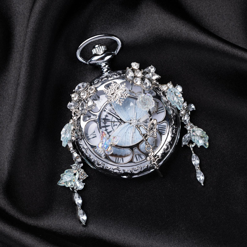 Oryeia Real White Butterfly Wing Pocket Watch Necklace with Crystal Tassels