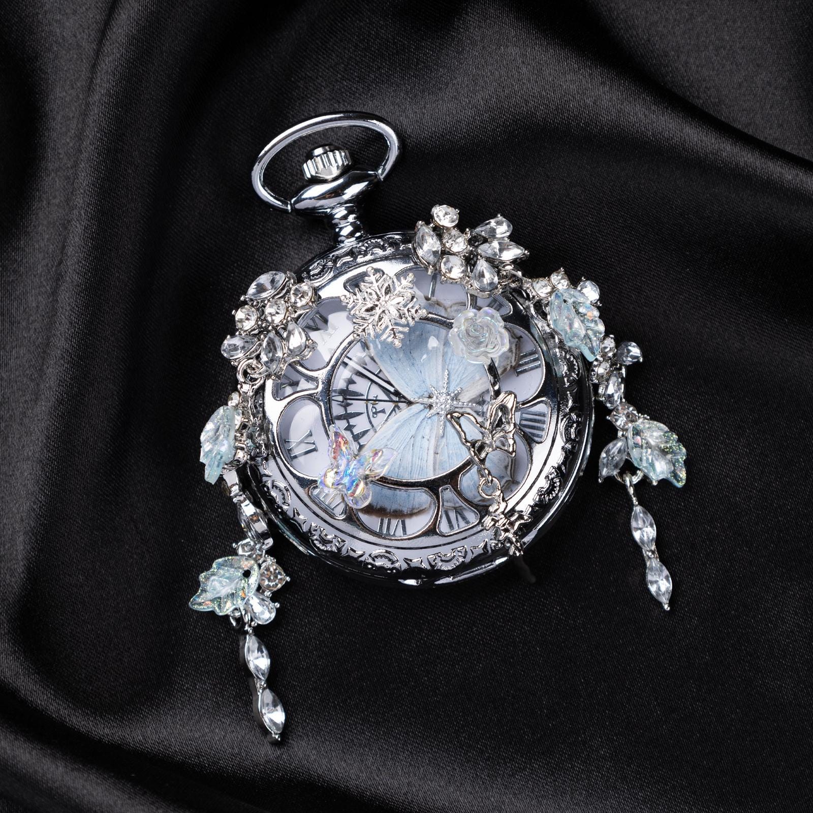 Oryeia Real White Butterfly Wing Pocket Watch Necklace with Crystal Tassels