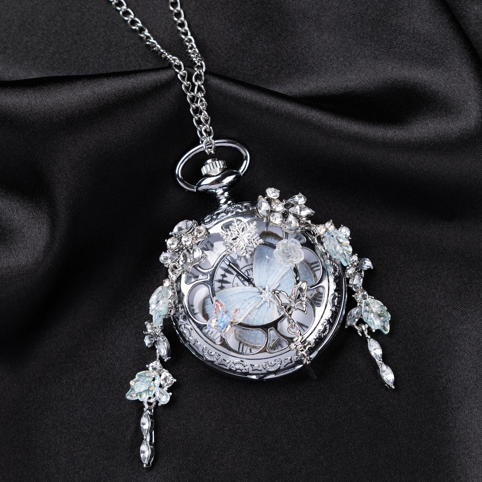 Oryeia Real White Butterfly Wing Pocket Watch Necklace with Crystal Tassels