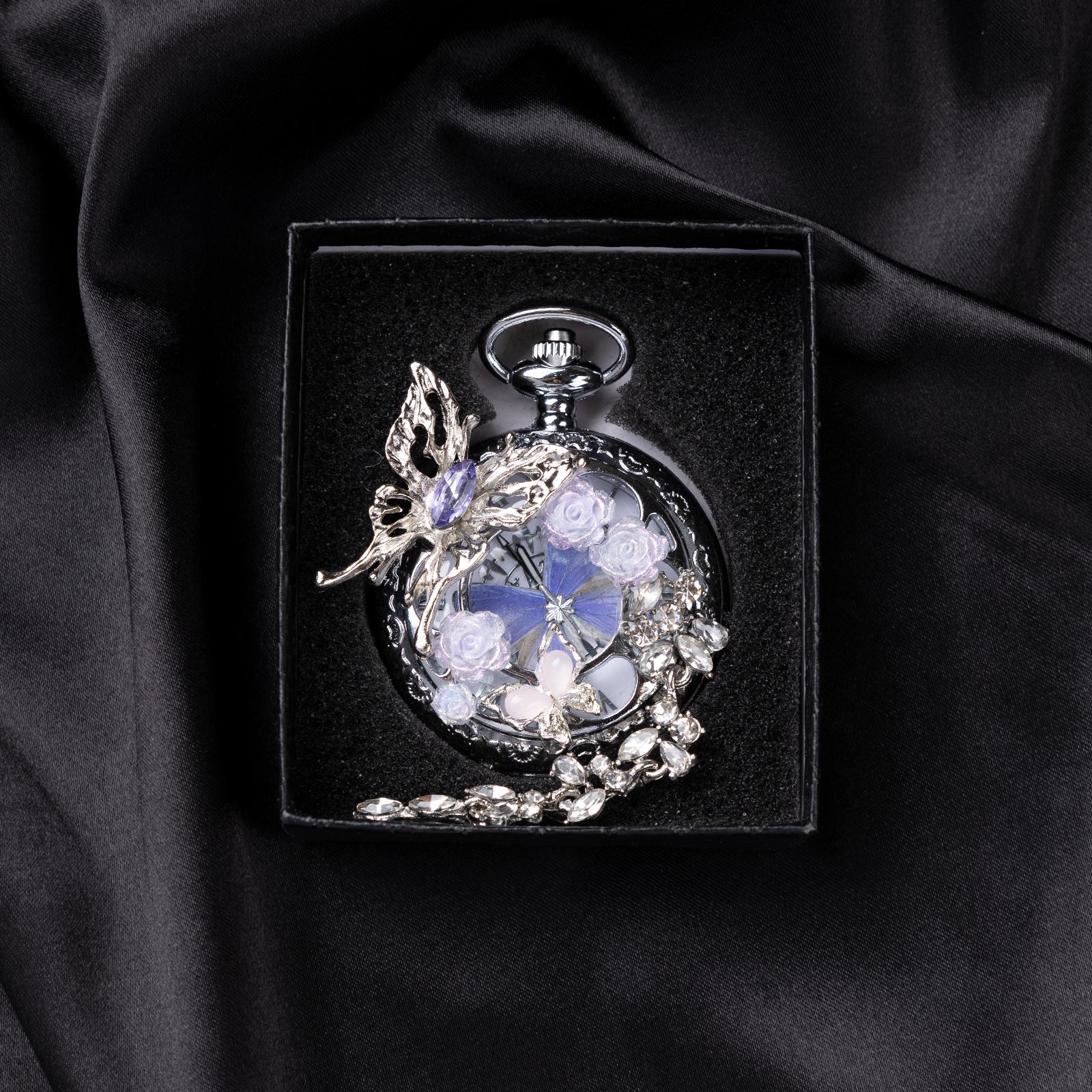 Oryeia Handmade Purple Butterfly Specimen Pocket Watch Necklace