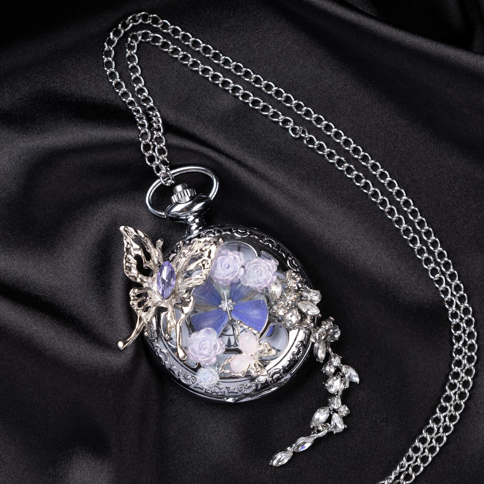 Oryeia Handmade Purple Butterfly Specimen Pocket Watch Necklace
