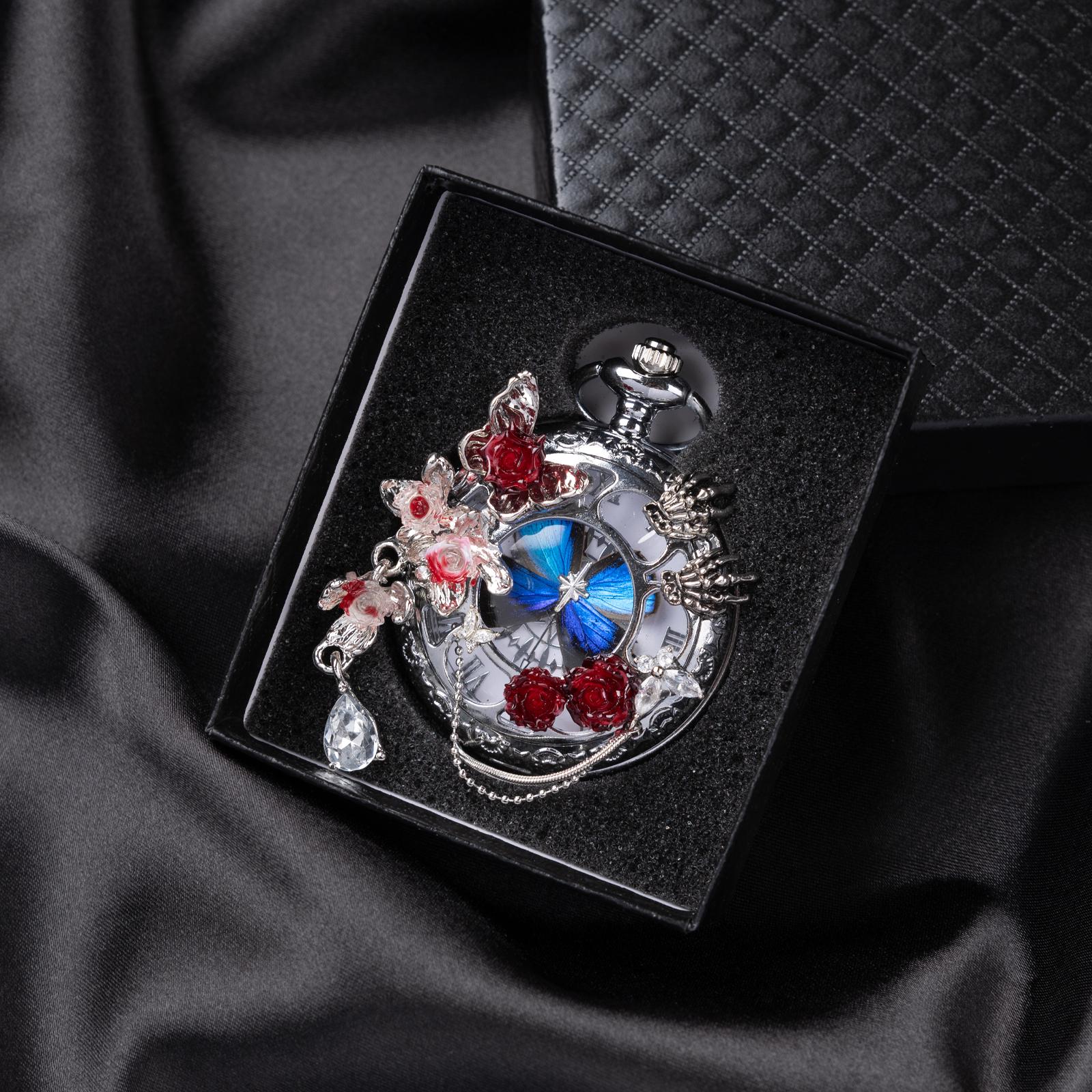 Oryeia Real Blue Morpho Butterfly Wing Pocket Watch Necklace Gothic
