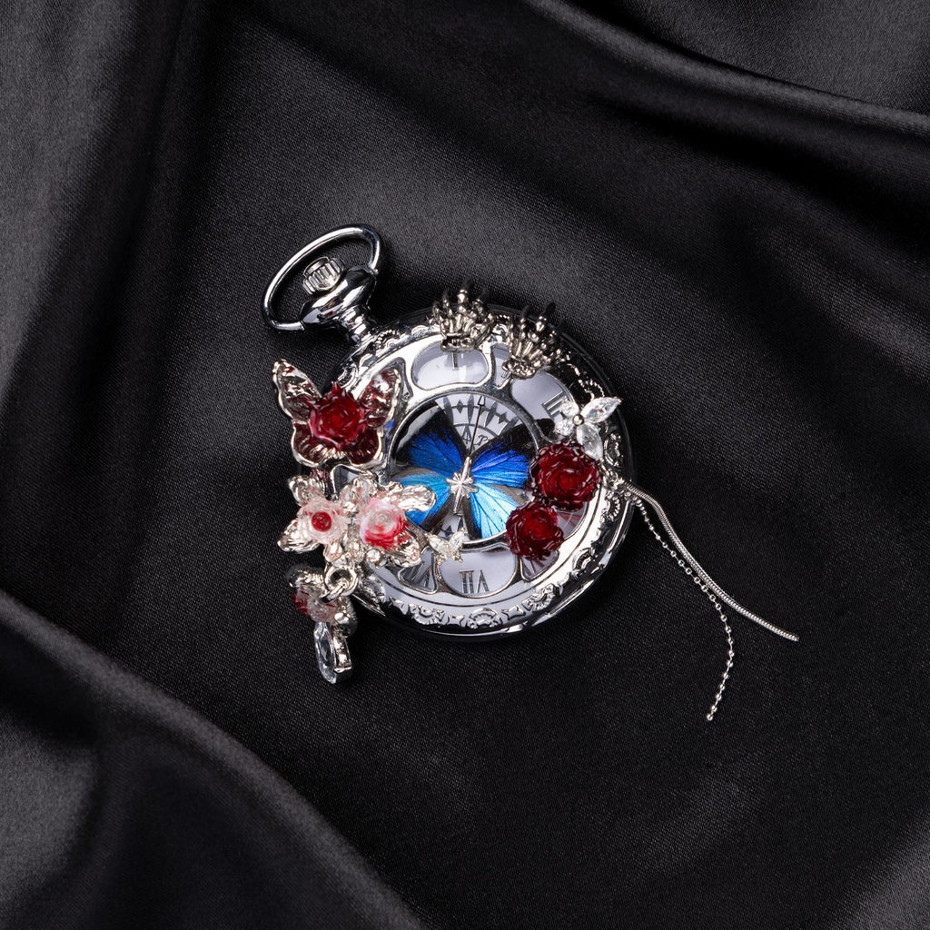 Oryeia Real Blue Morpho Butterfly Wing Pocket Watch Necklace Gothic