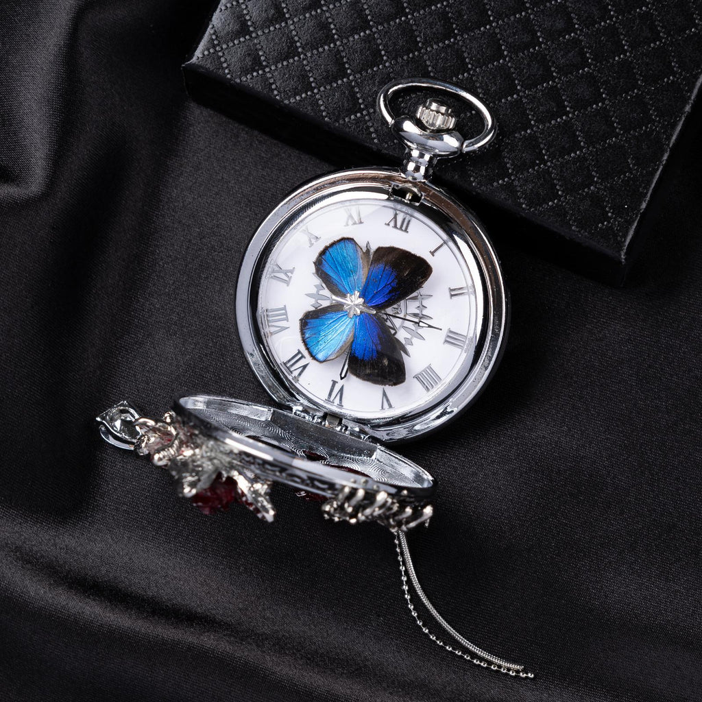 Oryeia Real Blue Morpho Butterfly Wing Pocket Watch Necklace Gothic