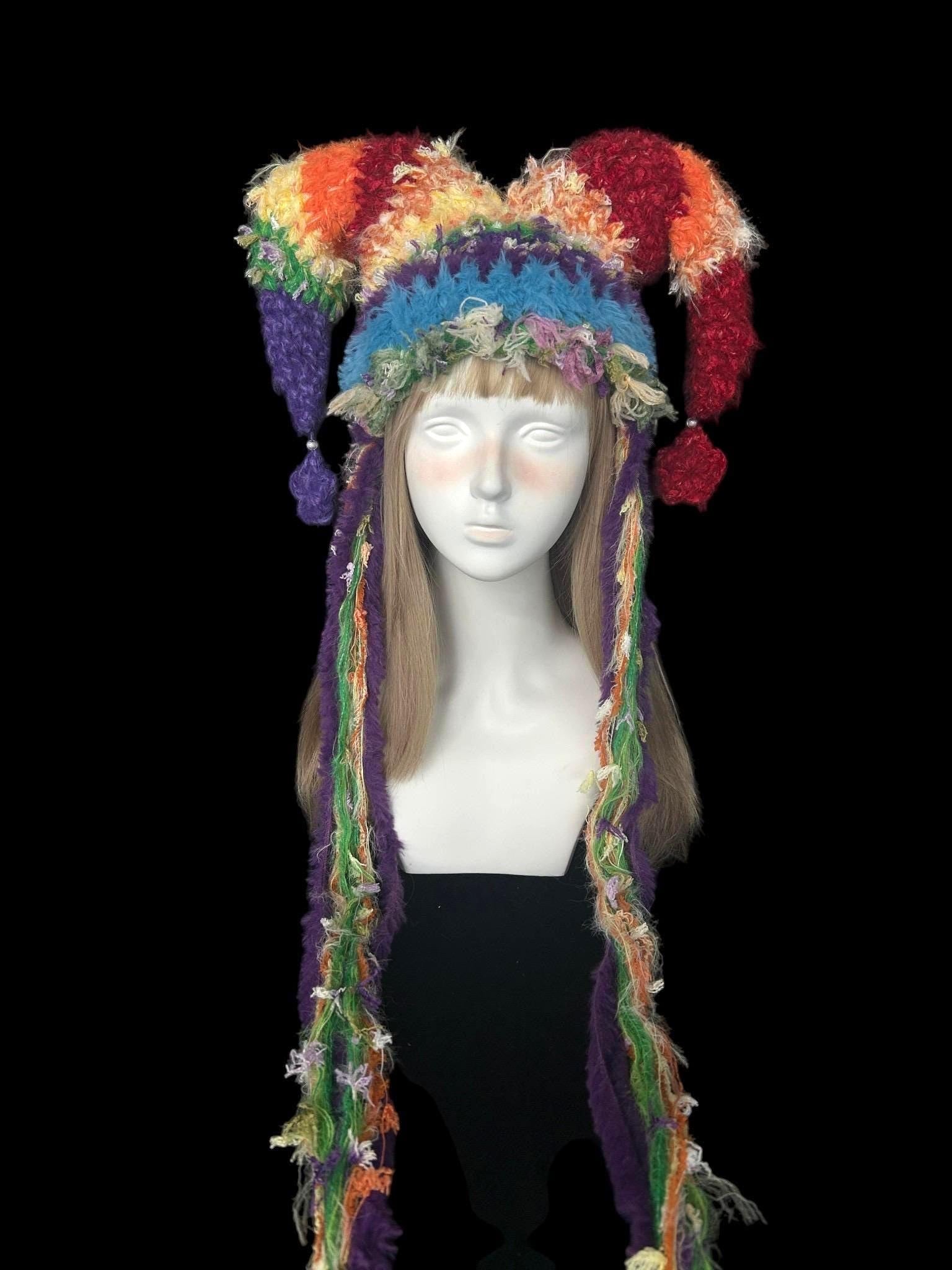 stellarPride Rainbow Textured Jester Hat With Long Tassel Strands