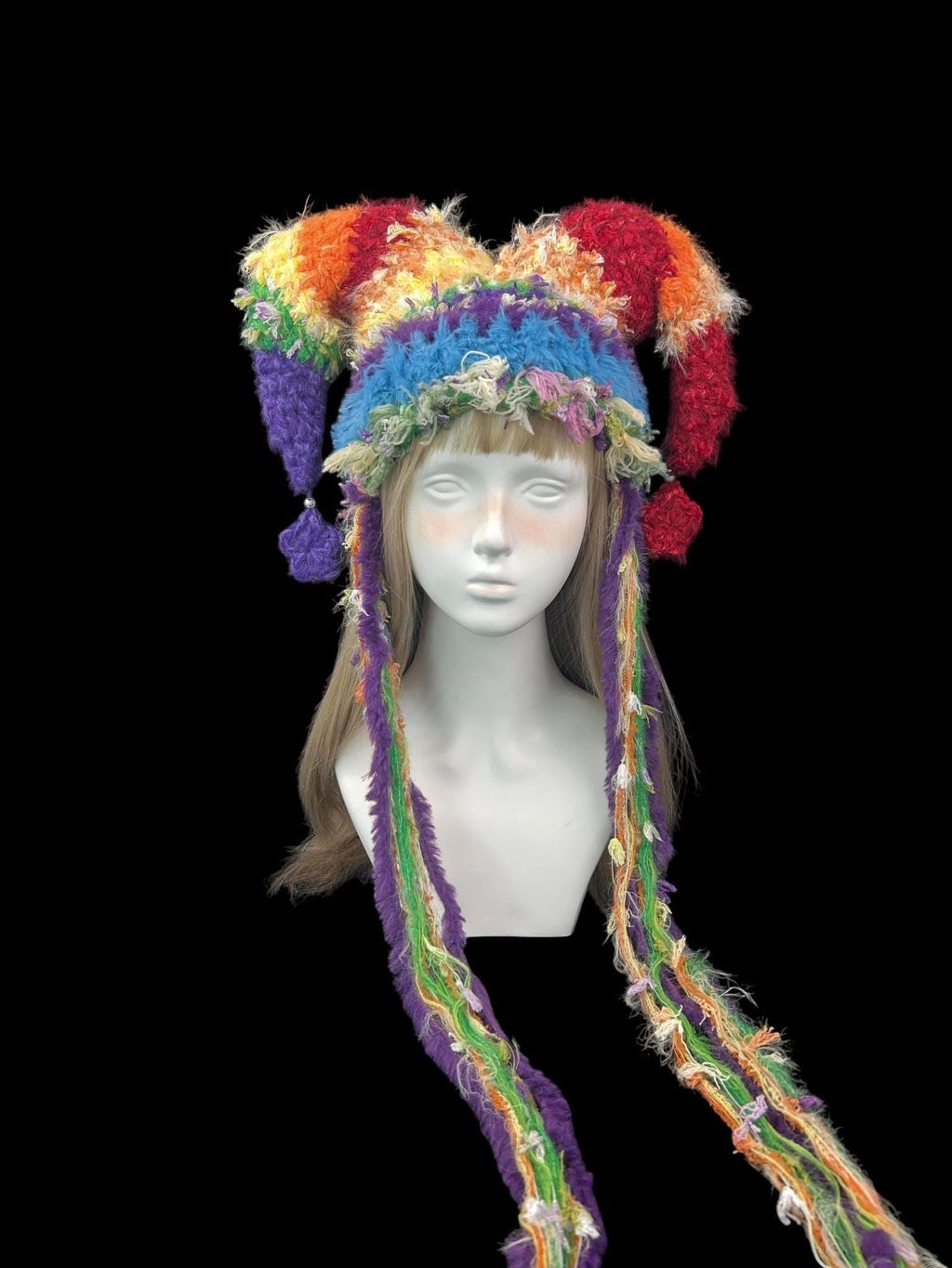 stellarPride Rainbow Textured Jester Hat With Long Tassel Strands
