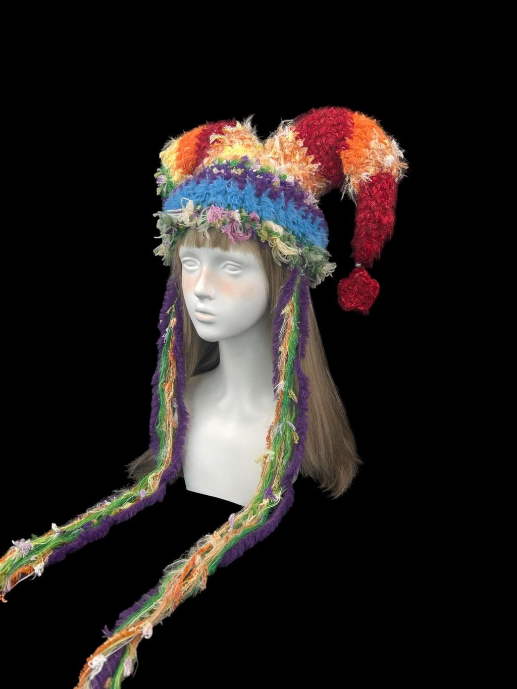 stellarPride Rainbow Textured Jester Hat With Long Tassel Strands