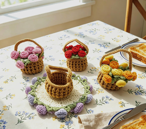 CrochetRecipe Handmade Crochet Flower Coaster Set With Basket Holder