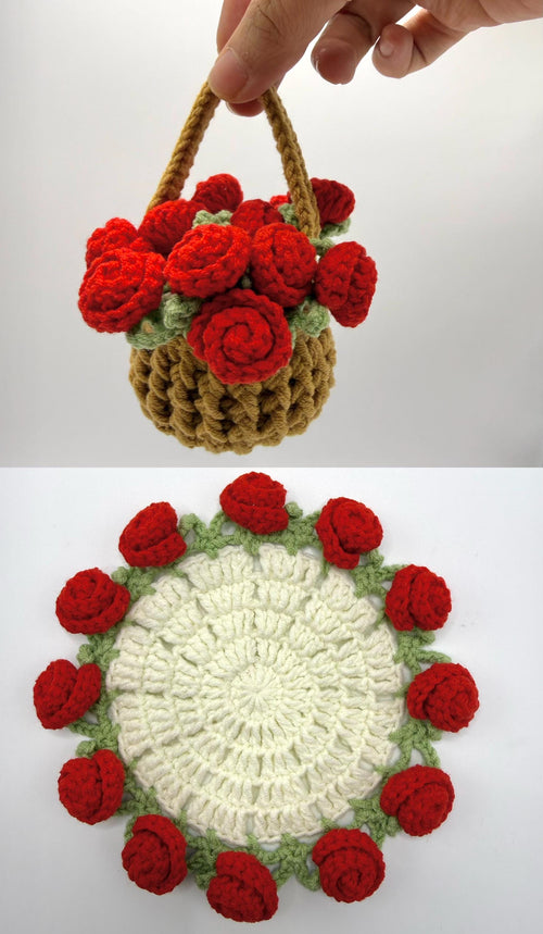 CrochetRecipe Handmade Crochet Flower Coaster Set With Basket Holder