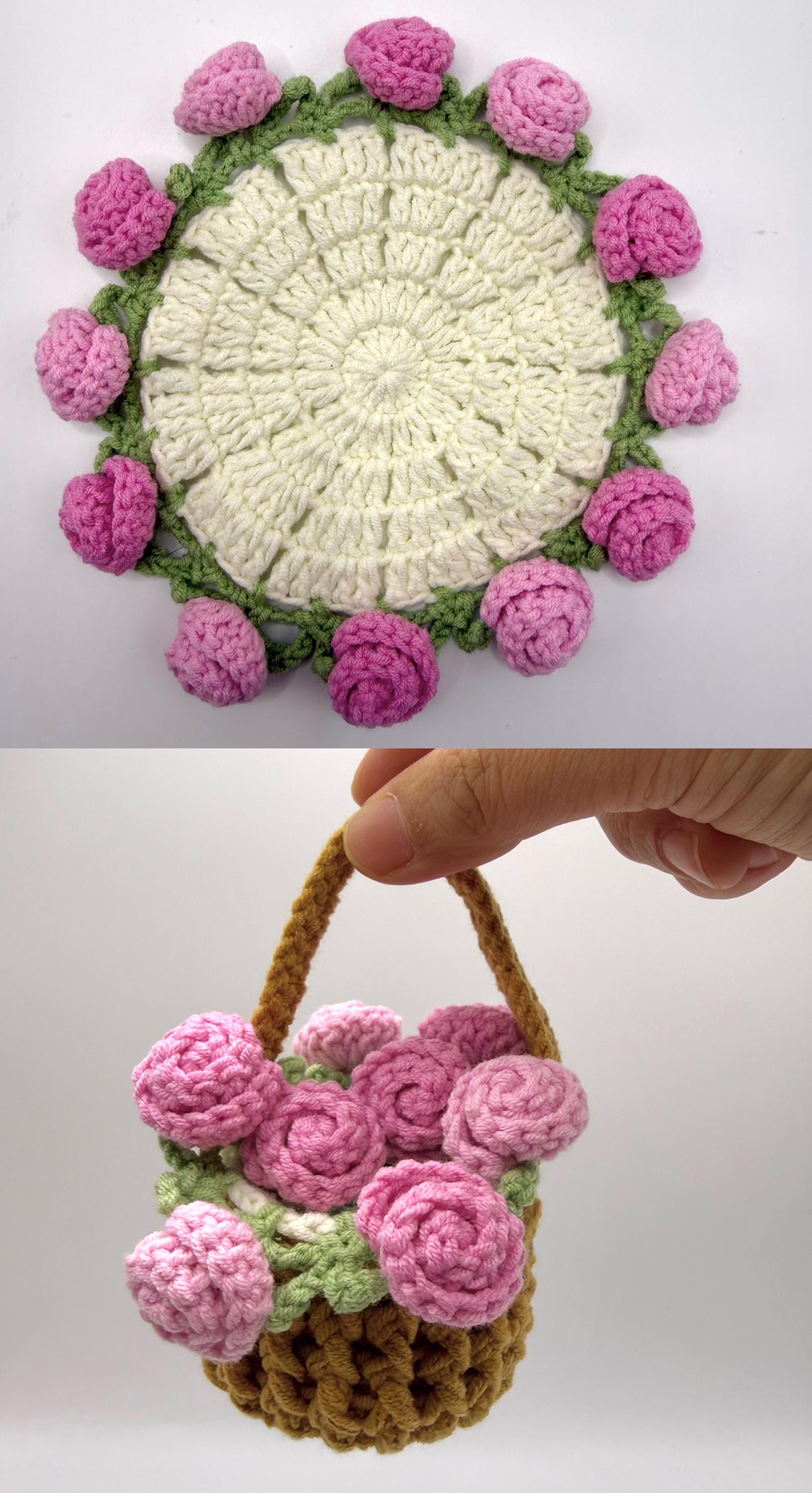 CrochetRecipe Handmade Crochet Flower Coaster Set With Basket Holder