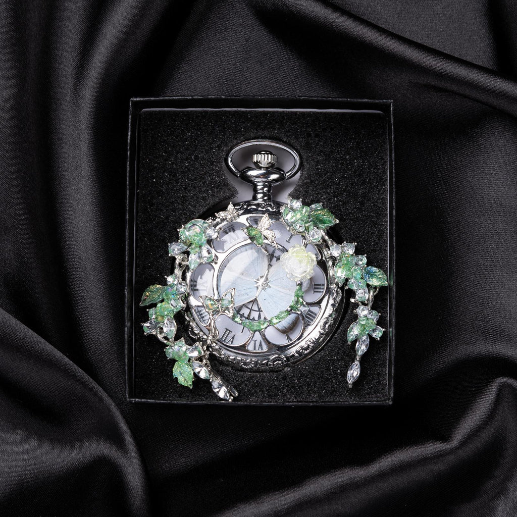 Oryeia Handmade White Butterfly Specimen Pocket Watch Green Crystal Necklace