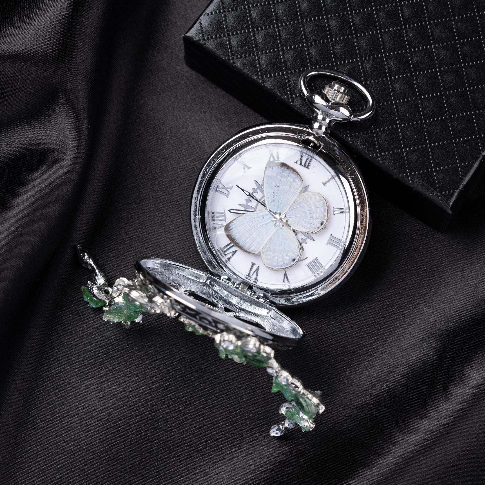 Oryeia Handmade White Butterfly Specimen Pocket Watch Green Crystal Necklace