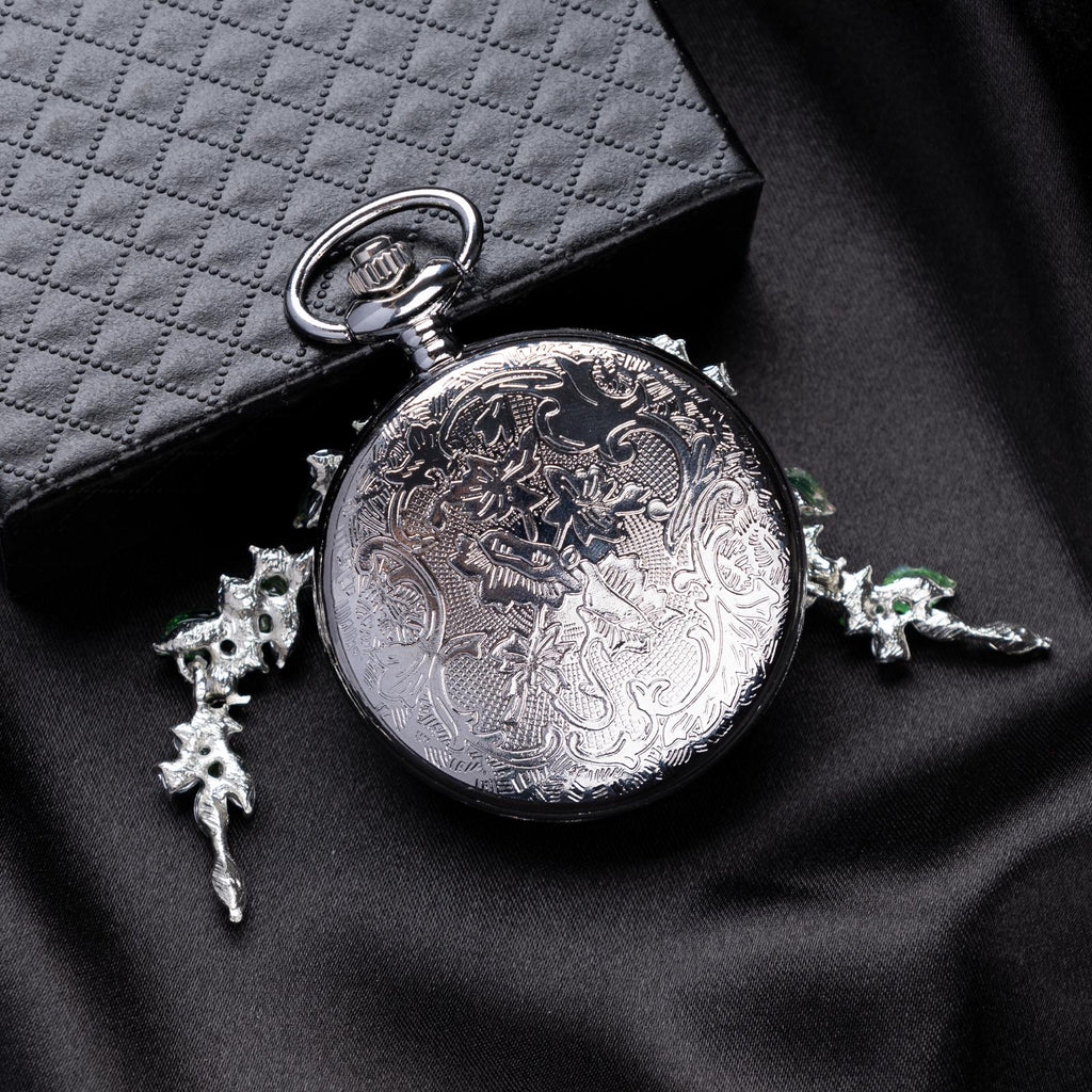 Oryeia Handmade White Butterfly Specimen Pocket Watch Green Crystal Necklace