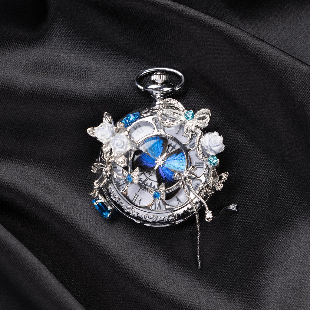 Oryeia Handmade Blue Morpho Butterfly Pocket Watch Silver Chain