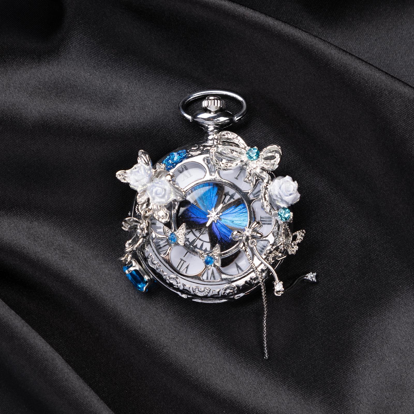 Oryeia Handmade Blue Morpho Butterfly Pocket Watch Silver Chain